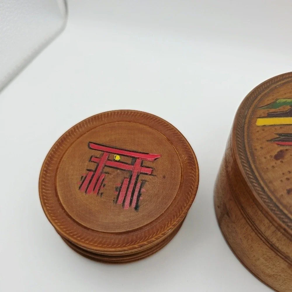 Vintage Japanese Torii Gate Wooden Coaster Set‎ with Storage Box